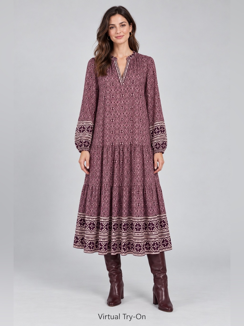 Current Air Dress Womens S Burgundy Medallion Print Tiered Midi Long Sleeve Boho